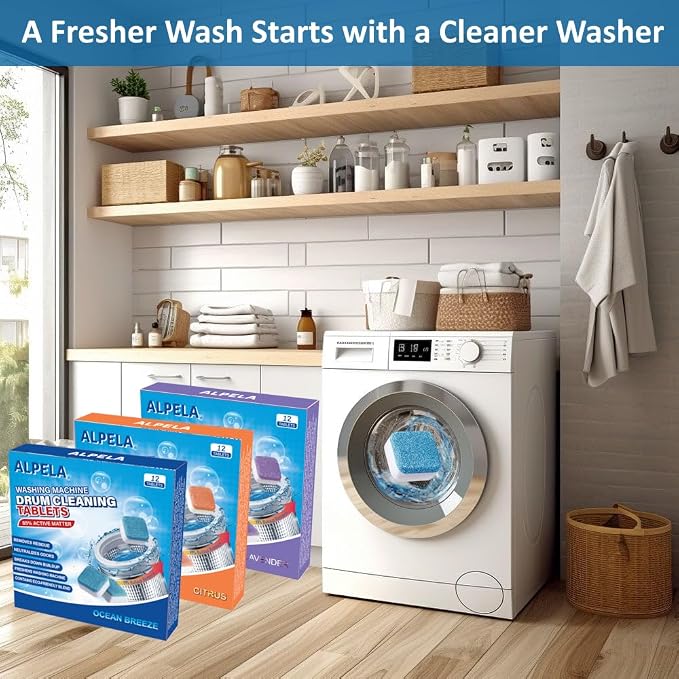 Citrus Washer Cleaner Tablets 12 Count – Septic Safe Washing Machine Cleaner & Odor Eliminator – Deep Cleaning Descaler for HE Front & Top Load Washers – Laundry Tub & Drum Cleaner