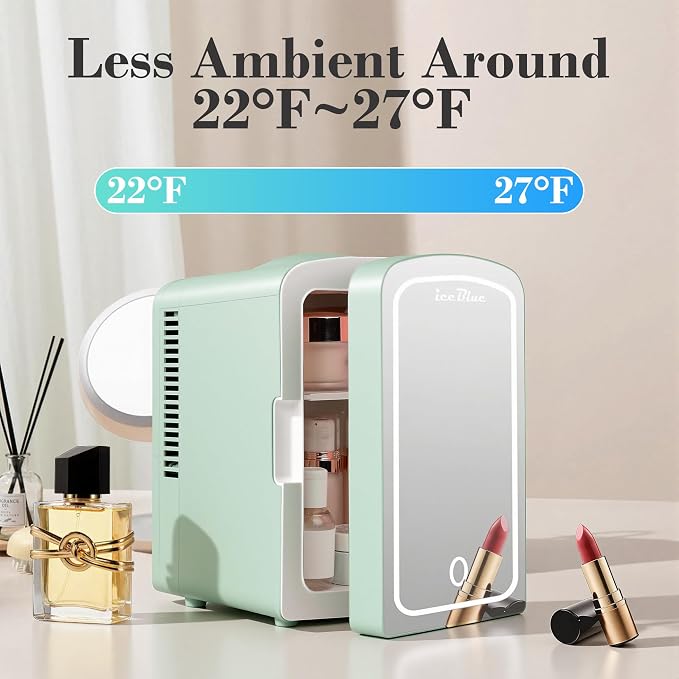 Mini Fridge, 4 Liter /6 Cans Makeup Fridge with Dimmable LED Mirror - Green | Compact Mini Skincare Fridge for Beauty & Beverages, Dual-use Portable Tiny Fridge for Bedroom, Desk, Office, Home, Car, Gift