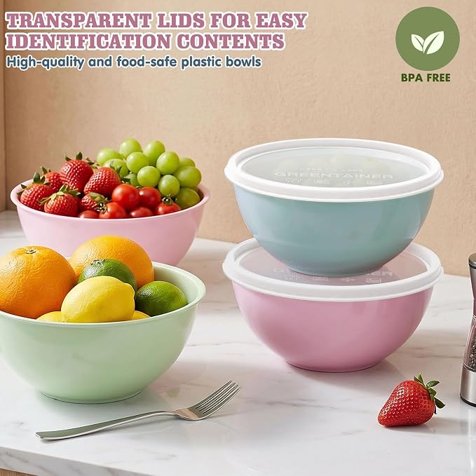 Greentainer 4-Piece Plastic Mixing Bowl Set with Lids for Kitchen, 67oz Lightweight Storage Bowls, Large Salad Bowls for Baking, Prepping, Cooking and Serving Food, Dishwasher & Microwave Safe