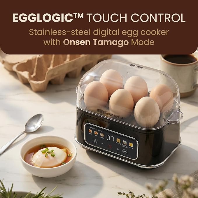 Elite Gourmet Digital Egg Cooker, 6-Egg, Onsen Tamago, Black | One-touch menu cooks soft, medium, or hard-boiled eggs plus poached eggs and omelets - audible alert on/off - auto shut-off
