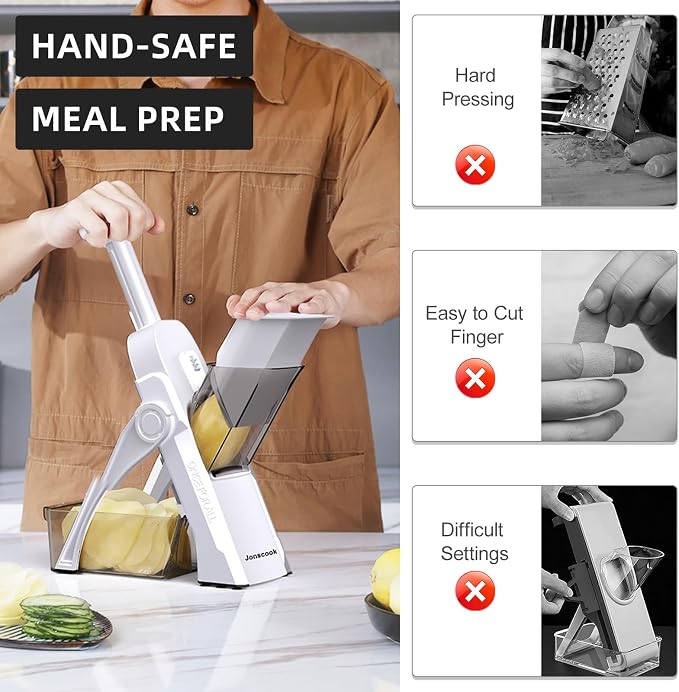 Safe Mandoline Slicer for Kitchen, Professional Vegetable Potato Slicer | 0.1-8 mm Adjustable Thickness, Food Chopper French Fry Cutte, Mandolin, Chopping Artifact Fast Veggie (just Slice, White)