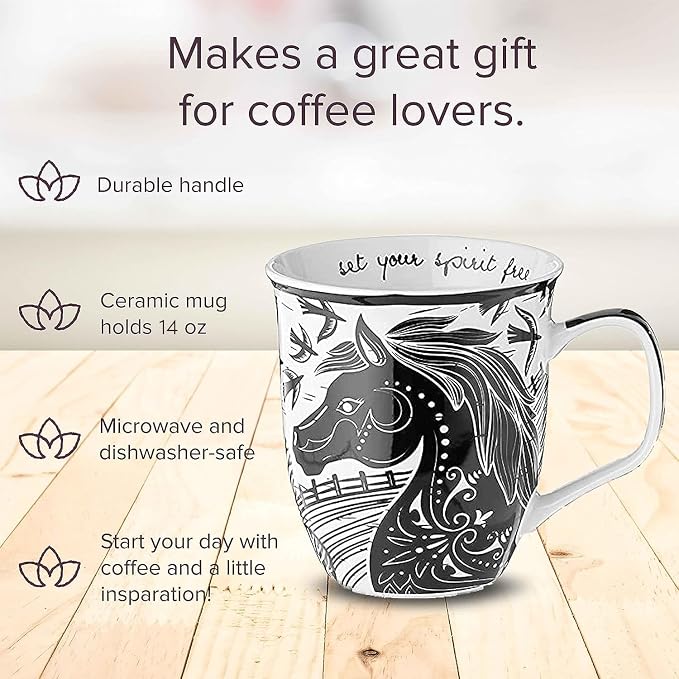 Karma Gifts 14 oz Black and White Boho Mug Horse - Cute Coffee and Tea Mug - Ceramic Coffee Mugs for Women and Men