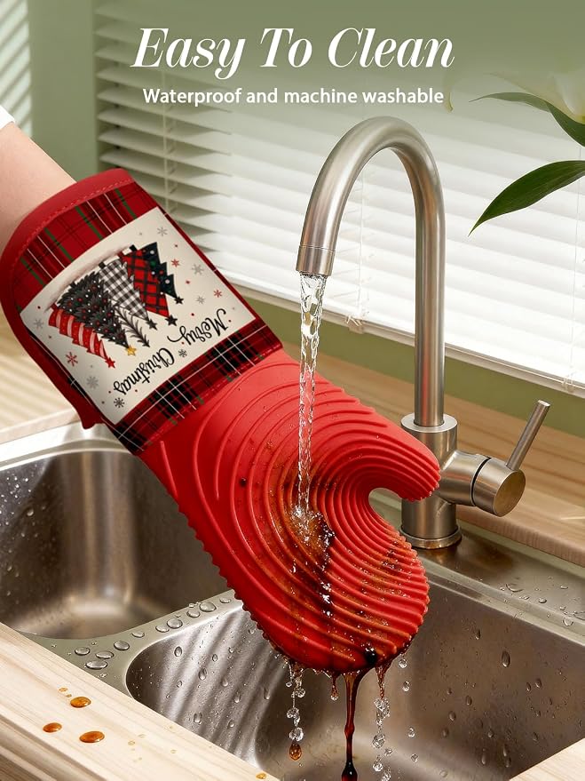 Slohif Long Silicone Oven Mitts Heat Resistant for Women - 2 Pcs Christmas Tree 100% Cotton Oven Gloves, Non-Slip and Waterproof Silicone Oven Mitts with Hanger for Baking and Cooking