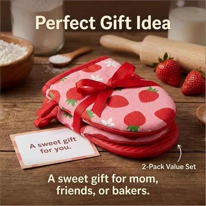 Mini Oven Mitts Set,2-Pack Strawberry Decor Cute Oven Mitt,Cute Kitchen Gloves Kitchen Accessories Gadgets,Cotton Oven Mits,Heat Resistant Non-Slip Silicone Grip,Baking Supplies,5.5"x8"