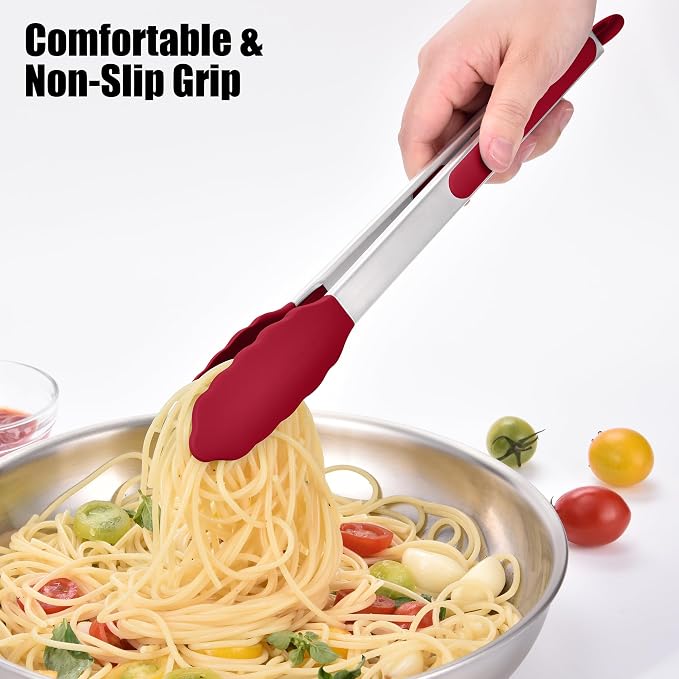 Doosu Kitchen Tongs with Silicone Tips for Cooking Serving (9+12in, Red) | 600°F Heat Resistant Food Tong, Heavy Duty Stainless Steel Locking Tong for BBQ, Grilling Steak, Salad, Toast, Pasta