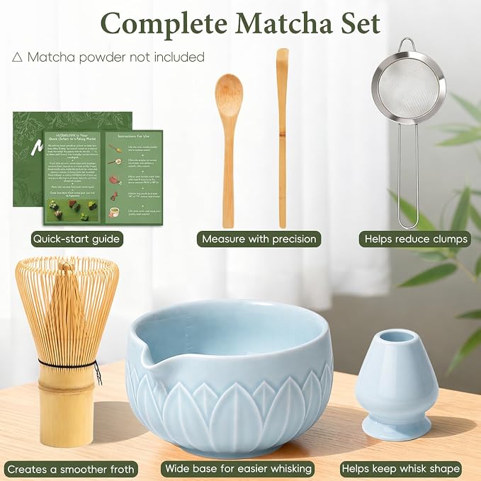 Matcha Whisk Set, Ceramic Matcha Set Includes Bowl & Holder, Bamboo Whisk (Chasen), Scoop, Spoon and Sifter, 6Pcs Matcha Kit Covers Everything Needed for Making Matcha (Leaf Blue)