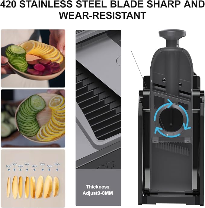 Safe Mandoline Slicer for Kitchen, Vegetable & Food Cutter (Only Slice) | Thickness Adjustable 0.1-8 mm, Potato Slicer for Chips, Easy to Clean, Storage, Kitchen Faster Slice, Dishwasher-safe (Black)