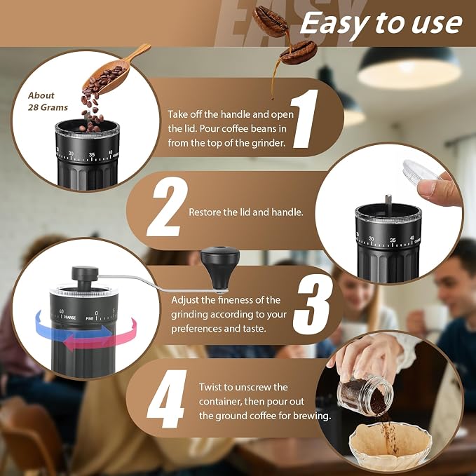 Manual Coffee Grinder, 40 External Grind Settings, Ceramic Conical Burr | Portable 30g hand-crank grinder with ceramic conical burr for espresso, pour over, French press, travel, camping & office
