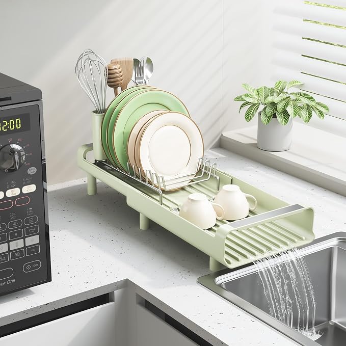 TOOLF Small Dish Drying Rack, Expandable and Space-Saving, Grayish Green | Mini Dish racks for kitchen counter, Compact Design Fits Sink or Counter, Stainless Steel Plate Rack, 11"-19.3"L×7.7"W×3.54"H