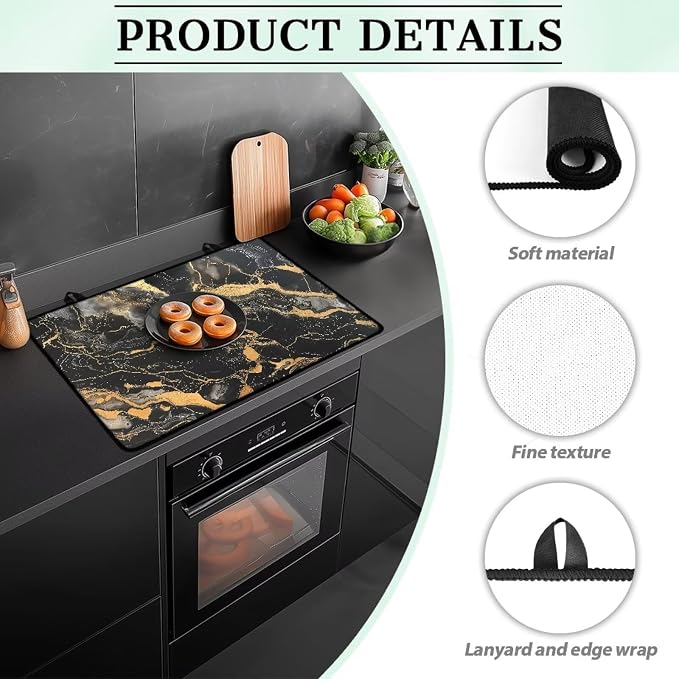 Black Gold Marble Texture Print Electric Stove Top Cover 29.18 x 20.96 inch Glass Cooktop Cover with Lanyards Dish Drying Mat Anti-Slip Range Covers Pad for Glass Top Stove