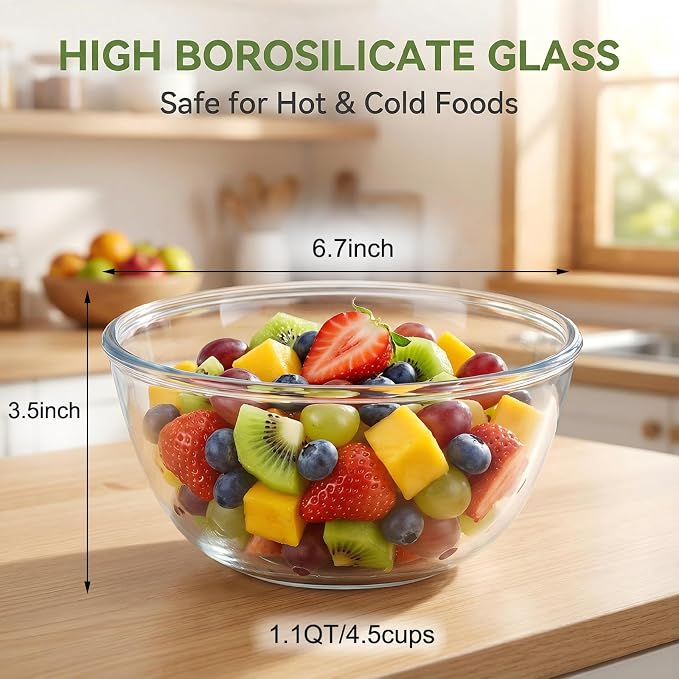 Borosilicate Glass Bowls, Set of 4 (1.1 QT Each) - Heavy-Duty, Scratch Resistant & Lead-Free. Oven, Microwave, Dishwasher & Freezer Safe. Perfect for Meal Prep, Baking, Serving, Entertaining