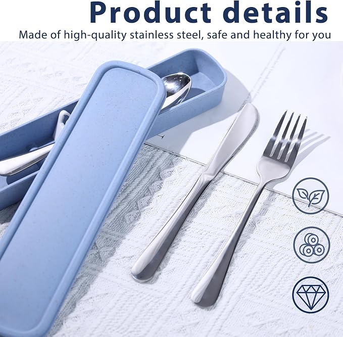 HANSGO Stainless Steel Travel Utensil Set with Case, 4-Piece Portable Knife Fork Spoon Set for Lunch Box, Office, School & Outdoor Use
