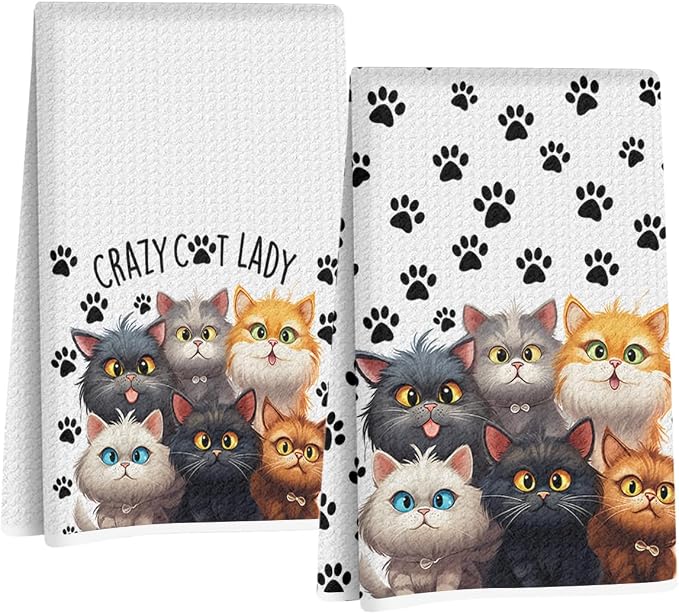 Jztco 2 Pcs Funny Cat Kitchen Towels, Cute Cat Gifts Reusable Hand Towels | Cat Dish Cloths for Drying Dishes, Cats Waffle Dish Towels for Kitchen Bathroom Decor, Cat Lover Gifts for Women Grandma Mom