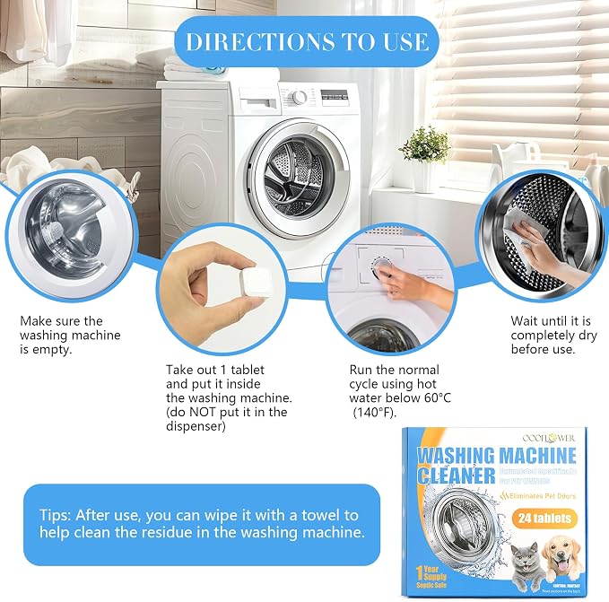 Washing Machine Cleaner Tablets, Formulated for Pet Owners-24 PC | Pet Hair Remover, Deodorizer, Work with Top & Front Load, HE, Deep Cleaning Descaler, Removes Residue and Odors, Septic Safe