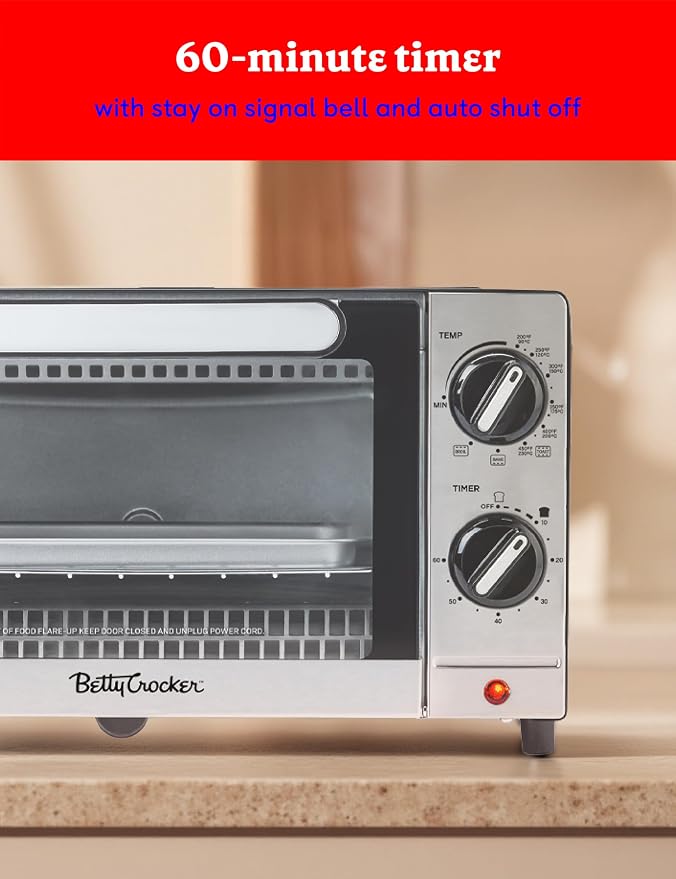 Betty Crocker 9L 2-Slice Toaster Oven, 1000 Watts, BC-5665B, Black/Silver | Chrome Plated Front, Stainless Steel Handle, Bake, Broil & Toast Functions, Easy Control Dials, Includes Baking Pan & Rack