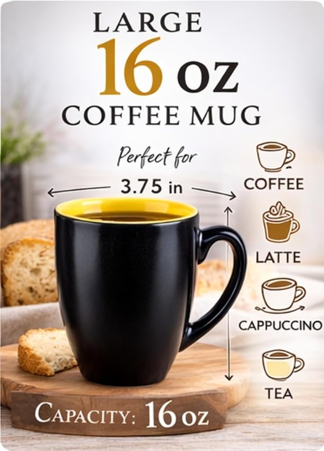 GBhome 16 oz Coffee Mugs Set of 6, Ceramic Coffee Cups- Yellow
