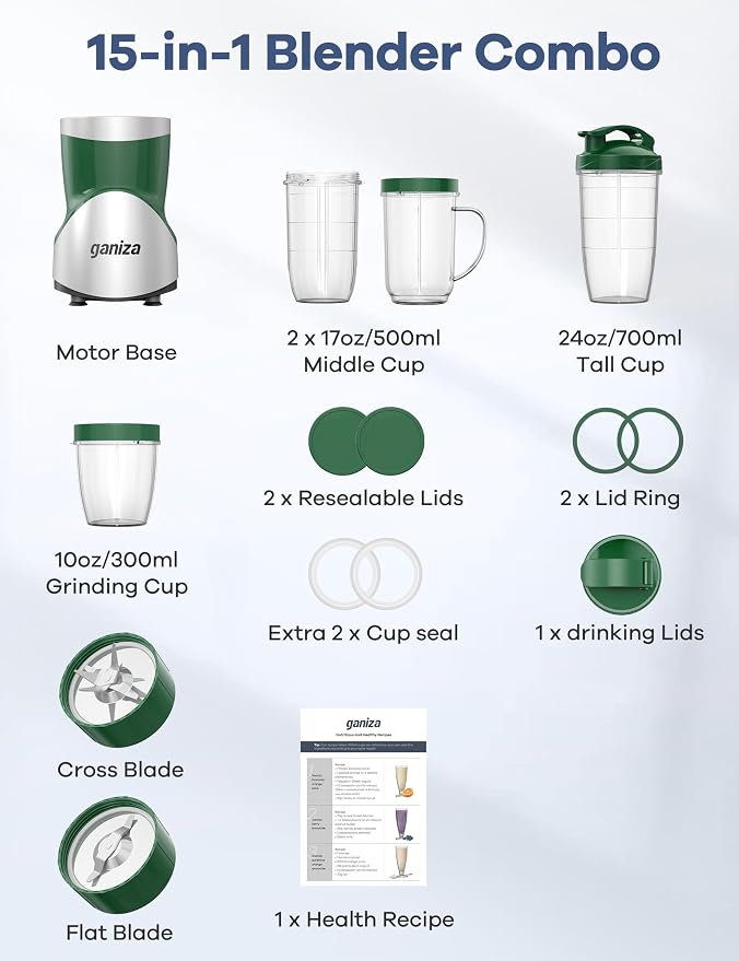Ganiza Smoothie Blender, 900W Blenders Shakes and Smoothies, Green | 15-Piece Personal Blender and Grinder Combo for Kitchen, Smoothies Maker with 4 BPA-Free Portable Cup, Nutritious Recipe