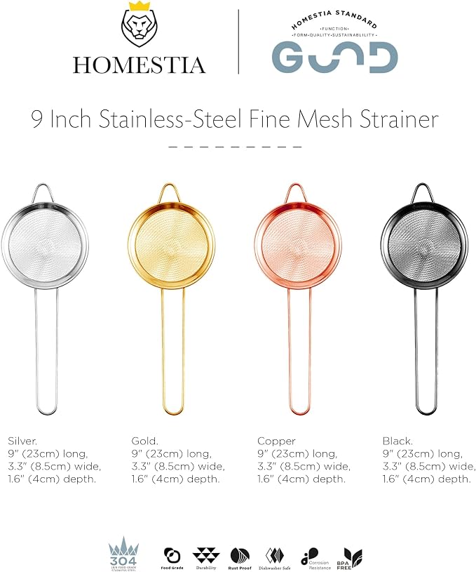 Homestia 304 Stainless Steel Fine Mesh Strainer, Sieve Sifter For Tea, Food | 3.3'' Cocktail Strainer Fine Mesh, Liquid Drink Strainers Filter for Rice, Oil, Noodles, Fruits, Juicing, Drinks, Coffee