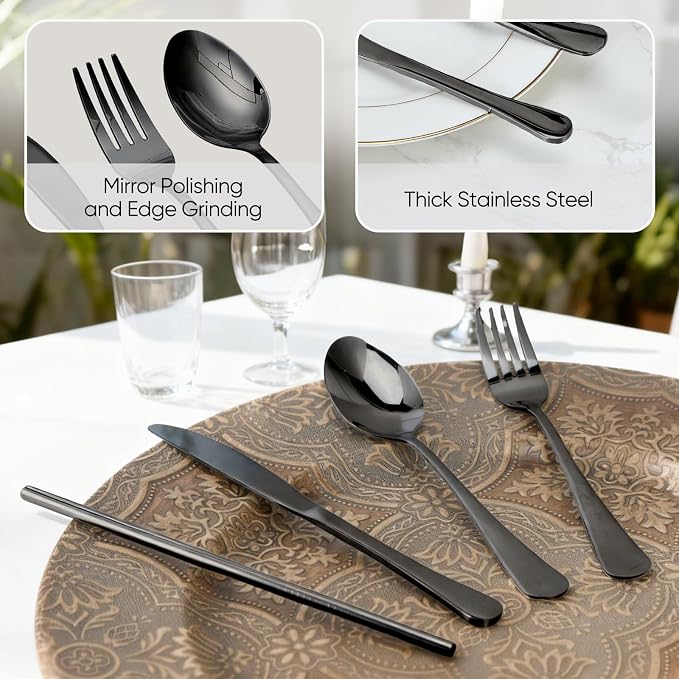 Travel Camping Utensils with Case, 6 Pcs Reusable Stainless Steel Silverware Cutlery Set, Spoon, Fork, Knife + Straw/Brush Kit for Camping, Travel, Office, Lunch Box, Eco On-the-Go (black)