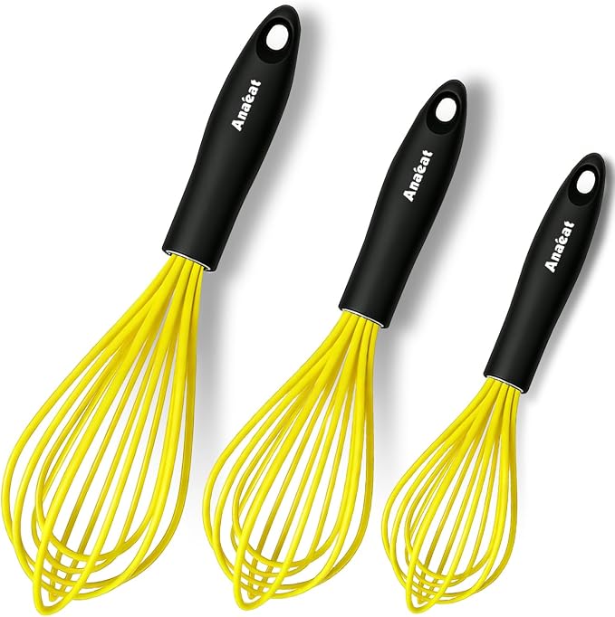 Anaeat Silicone Whisk, Thick Stainless Steel Wire Inner Heat Resistant - Kitchen Whisks for Non-Stick Cookware, Balloon Egg Beater for Whisking, Blending, Beating, Frothing & Stirring (Yellow)