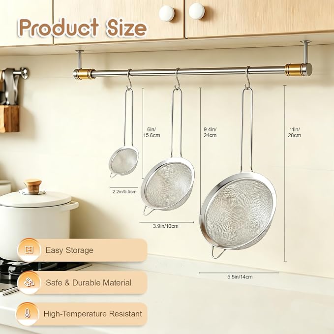 Fine Mesh Strainer Set of 3, Stainless Steel Sieve Sifters with handle, Medium Small Mini Size, Kitchen Strainers Colander Set for Sifting, Straining & Cooking(2.2"/3.9"/5.5")