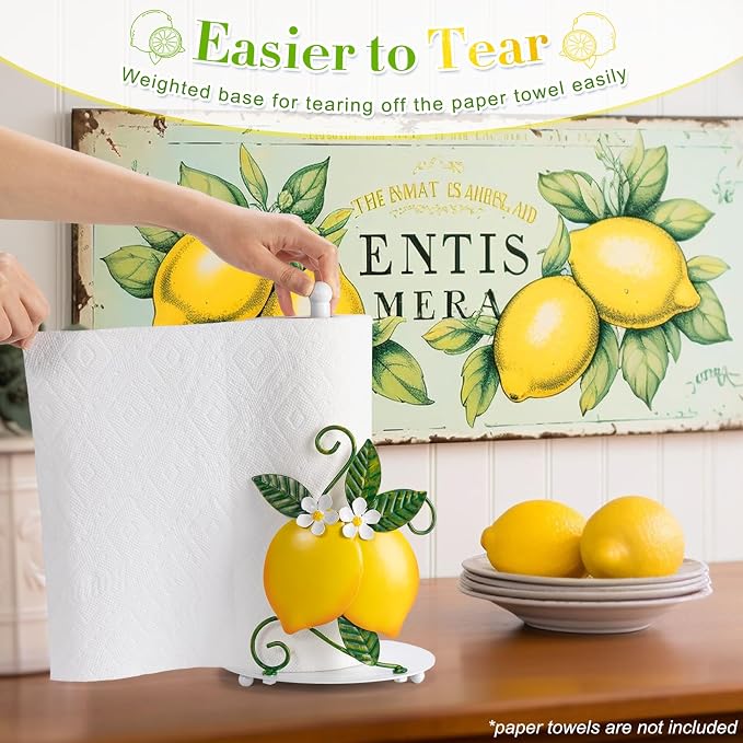 Lemon Paper Towel Holder Countertop for Kitchen, 3D Handmade | Freestanding Kitchen Roll Holder with Weighted Base, Lemon Housewarming Gifts for Women, Fit Most Sizes of Paper Rolls, Metal