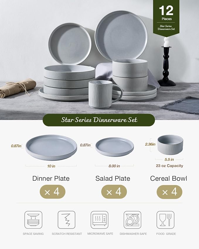 Famiware Star Stoneware Dinnerware Set, Reactive Glaze Plates & Bowls for 4 | 12-Piece Handmade Ribbed Dishes, Chip & Scratch Resistant Ceramic. Microwave & Dishwasher Safe, Rustic Modern, Matte Gray