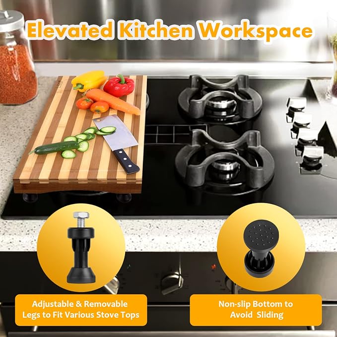 Bamboo Stovetop Cover&Countertop Cutting Board with Adjustable Legs, 21.14 x 11.42 inches Dual-purpose Chopping Board for Electric Stove Burner, Workspace Block Cover for RV Camping Camper Gas