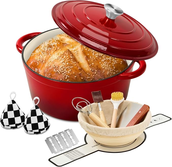 Enameled Cast Iron Dutch Oven pot 6.5 QT with Lid for Bread Baking | Cookware incl. Sourdough Bread-Baking Supplies like Banneton, Dough Whisk, Gloves, Oven Safe for Stews, Roasting, Cherry Red