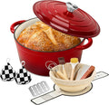 Enameled Cast Iron Dutch Oven pot 6.5 QT with Lid for Bread Baking | Cookware incl. Sourdough Bread-Baking Supplies like Banneton, Dough Whisk, Gloves, Oven Safe for Stews, Roasting, Cherry Red