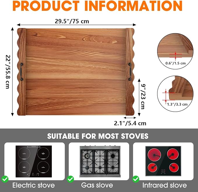 Latest wave-patterned wooden stove top cover, stylish pine panel stove top cover,suitable for gas stoves with 4 and 5 burners, food tray, kitchen stove tray. (Dark wood color)