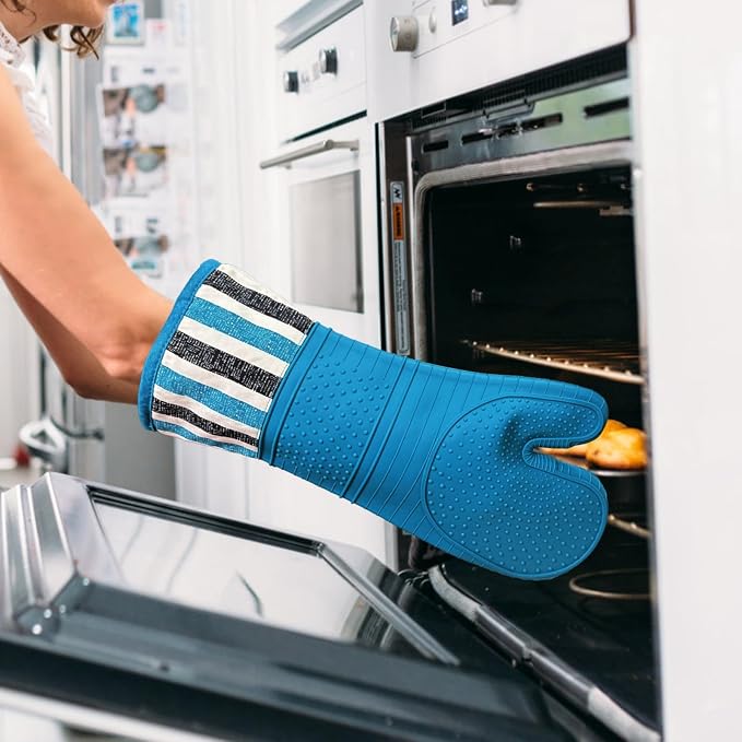 Heat Resistant 550 Degree Oven mitt, Silicone Oven Hot Mitts - 1 Pair, Extra Long Professional Baking Oven Gloves - Food Safe,Pot Holders Cooking,Grilling,Kitchen (Navy)