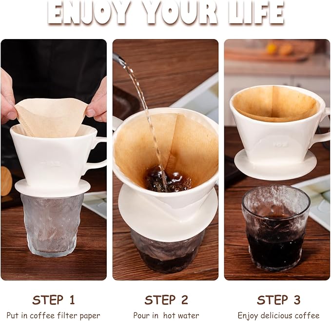 Pour Over Coffee Dripper, Ceramic Pour Over Coffee Maker, White | 3 Holes Flat Bottom, Easy Manual Brew Maker, Porcelain Slow Filter Cone for Travel, Camping, Office, Home