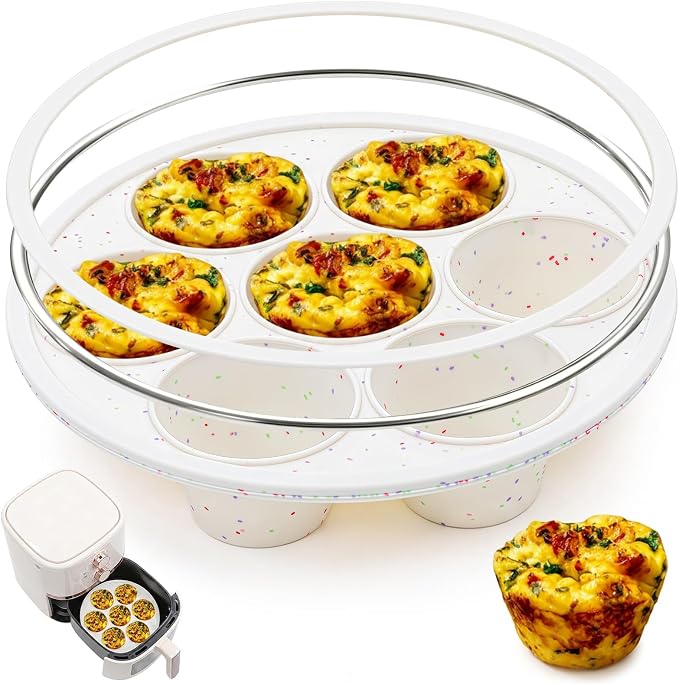 Vinino Silicone Air Fryer Muffin Pan with Reinforced Frame, Egg Bite Mold | 7 Cup Air Fryer Accessories, Silicone Muffin Pans for Oven, Perfect for Egg Bites, Muffins, Tarts and Quiche, BPA-Free, Cream