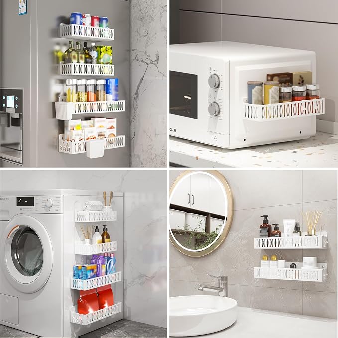 4-Pack Magnetic Spice Rack for Refrigerator with Hooks, White | Strong multipurpose magnetic shelf for kitchen & bathroom organization. Includes 4 removable hooks for hanging items.