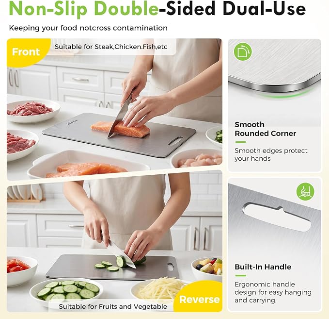 Titanium Cutting Board, 100% Pure Titanium Cutting Boards for Kitchen, Non-Toxic, Double-Sided Chopping Boards for Raw & Cooked Food, Handles Included, Dishwasher Safe(10” x 6”)