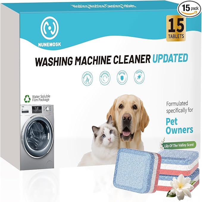Washing Machine Cleaner,Formulated for Pet Owners,Colorful 15 Pack | 6 Month Supply,Compatible with HE, Top & Front Load Washer,Septic Safe,Fresh Scent,Removes Residue,Remove Stubborn Pet Hair