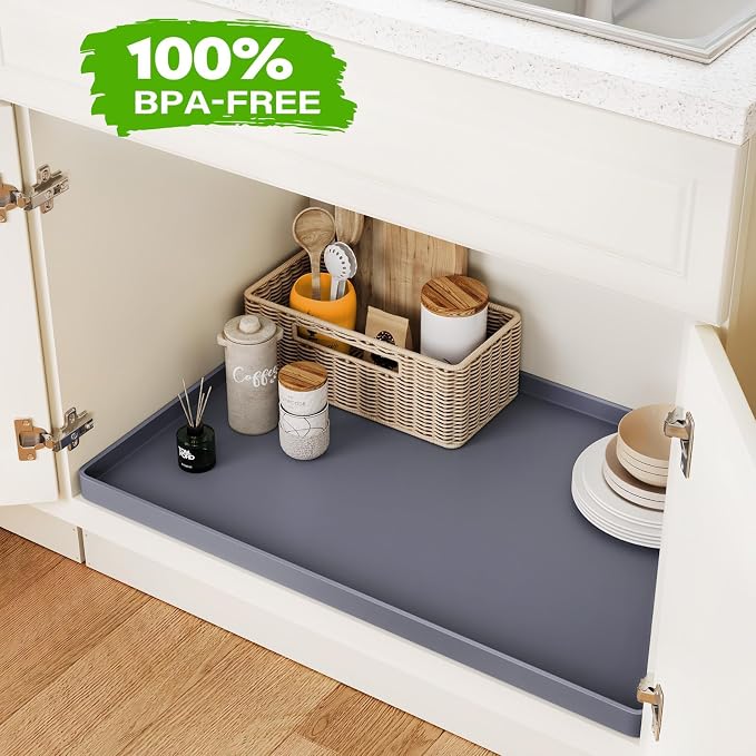 FLATO Waterproof Under Sink Mat, 34" x 19", Black | Shelf Liner for Kitchen and Bathroom, Cabinet Protector, Organizers and Storage, Flexible Silicone Drip Tray