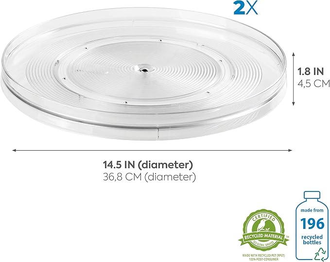 iDesign 14.5-Inch Lazy Susan Organizer, 2-Pack, Clear | Large Turntable, For Cabinet or Pantry