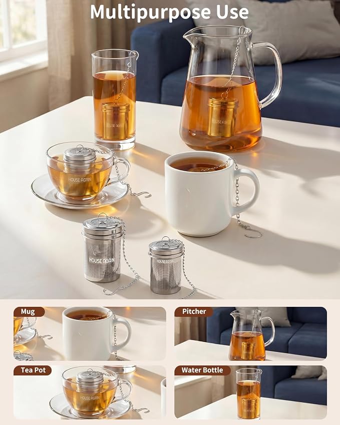 HOUSE AGAIN Tea Infuser (2 Pack, Large + Small), Extra Fine Mesh Tea Strainers for Loose Tea, 18/8 Stainless Steel Tea Strainer with Extended Chain Hook, Tea Steeper