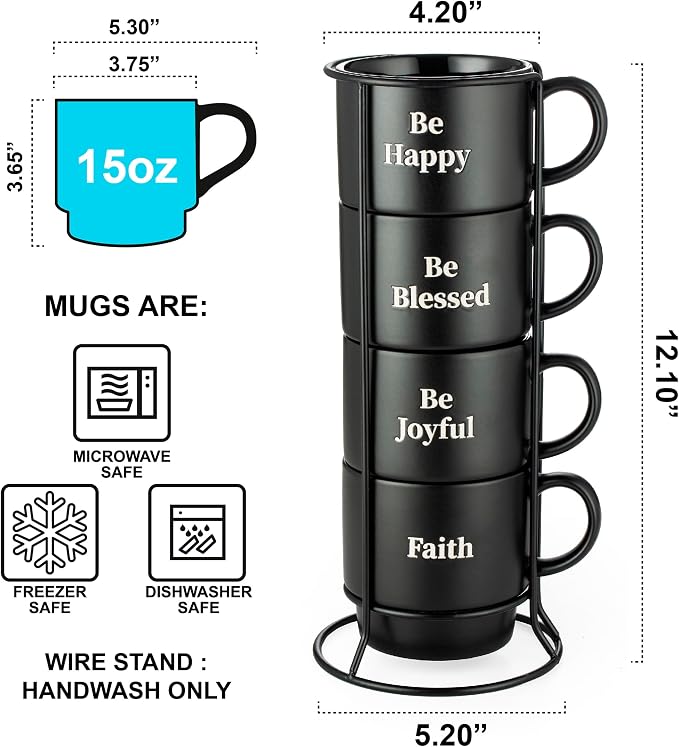 Signature Housewares Be Happy Stackable Stoneware Coffee Mug Set with Metal Rack - 15 Ounce Coffee Mugs for Coffee, Tea, Hot Chocolate, Milk, Set of 4, Matte Black (Pack of 4)