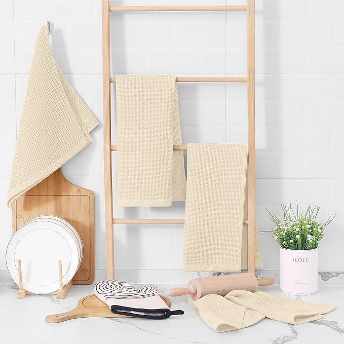 Homaxy 100% Cotton Waffle Weave Kitchen Towels, 15-Pack, Beige | Ultra Soft Absorbent Dish Towels, Quick Drying Cleaning Towels, 13 x 28 Inches