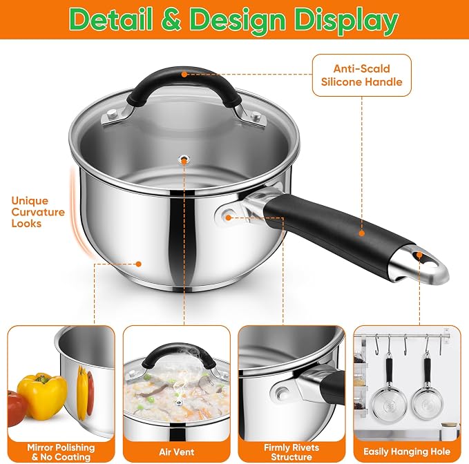 P&P CHEF 2 Quart Stainless Steel Sauce Pan Pot with Lid, Small Saucepan | For Induction Cooking & Multi Stoves, Multipurpose Pot with Visible Glass Lid & Silicone Handle, Rust Free & Dishwasher Use