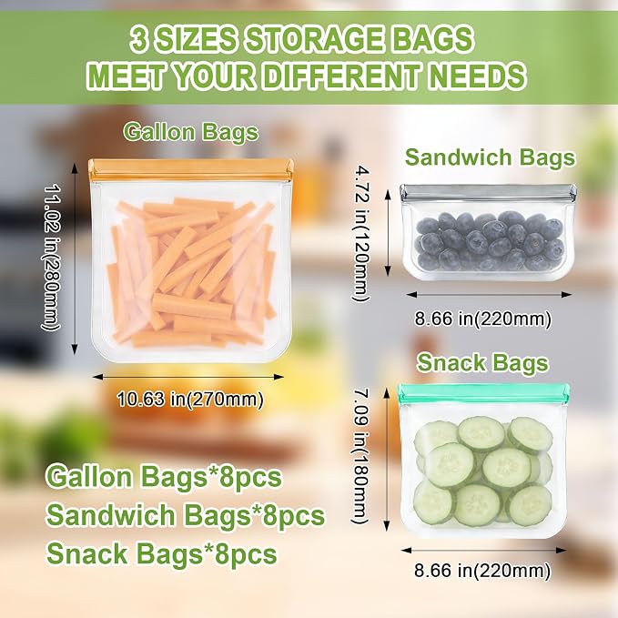 24 Pack Silicone Bags for Food Storage,Freezer & Dishwasher Safe,Leakproof Food Storage Bags,Reusable Freezer Ziploc Bags,Sandwich Snack Baggies-8 Gallon 8 Snack 8 Sandwich Bags,3 Colors