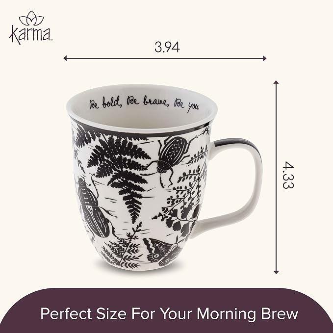 Karma Gifts 14 oz Black and White Boho Mug Beetle - Cute Coffee and Tea Mug - Ceramic Coffee Mugs for Women and Men