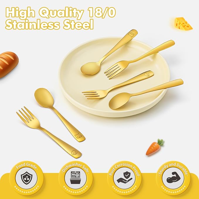 12Pcs Stainless Steel Toddler Utensils Small Metal Kids Silverware | Food-grade, Ideal Transitional Baby Forks and Spoons, Cute pattern, Designed for Children, Dishwasher Safe, Mirror Polished