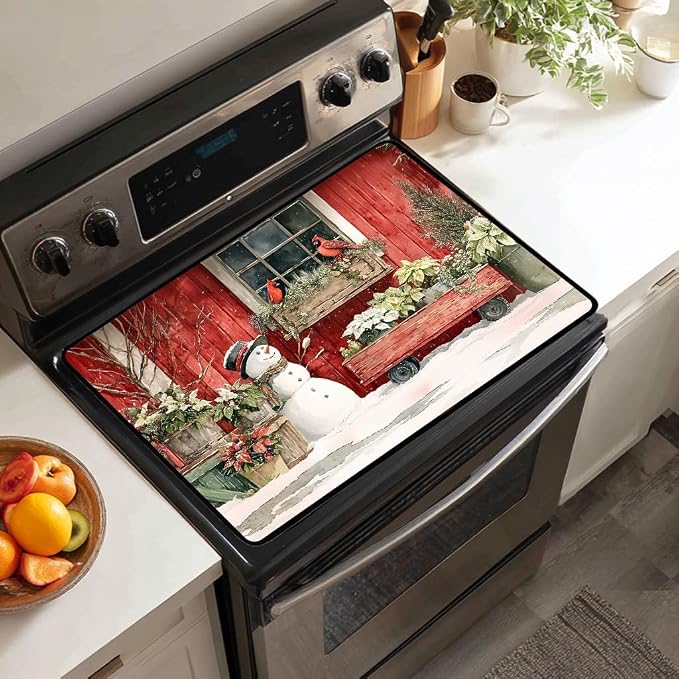 Snowman Glass Stove Top Cover Protector,Christmas Courtyard Electric Stove Top Cover Glass Top Stove Cover Protector,Heat‑Resistant Stove Top Cover,Hummingbird Kitchen Decor Accessories