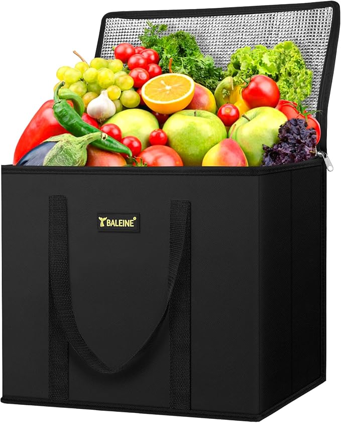 BALEINE 1PK Insulated Reusable Grocery Bag, Heavy Duty Shopping Tote | Foam & Foil Insulation, 9" Long Handles, Reinforced Bottom Keeps Upright, Fold Flat Storage, Water-Resistant Shopping Bag