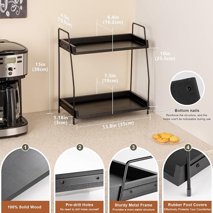 ANBOXIT 2-Tier Coffee Station Organizer, Wooden Kitchen Counter Shelf | for Coffee Bar Accessories, Condiment Storage Caddy for Kitchen, Home, Office - Black