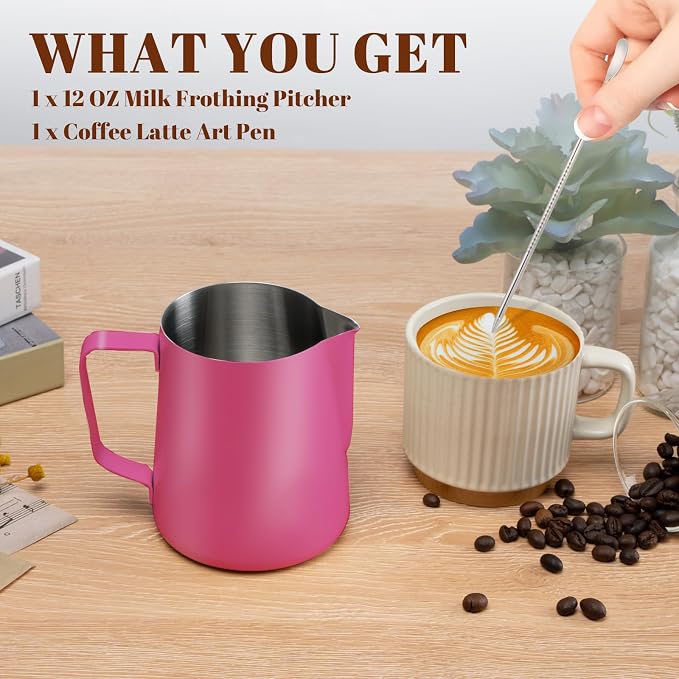 Amrules Milk Frothing Pitcher 12oz Frother Cup Barista Tools, Rose Red | 18/8 Stainless Steel, 12oz Capacity with Clear Scale, with Decorating Pen, Ergonomic Handle, for Cappuccino, Latte & Espresso